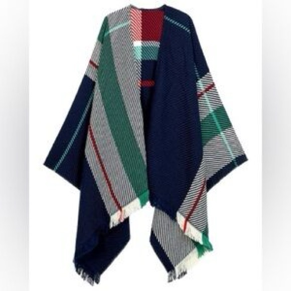 Maje Sweaters - Maje Jacquard Poncho Lightweight Cape Top One Size Open Front Fringed Trim